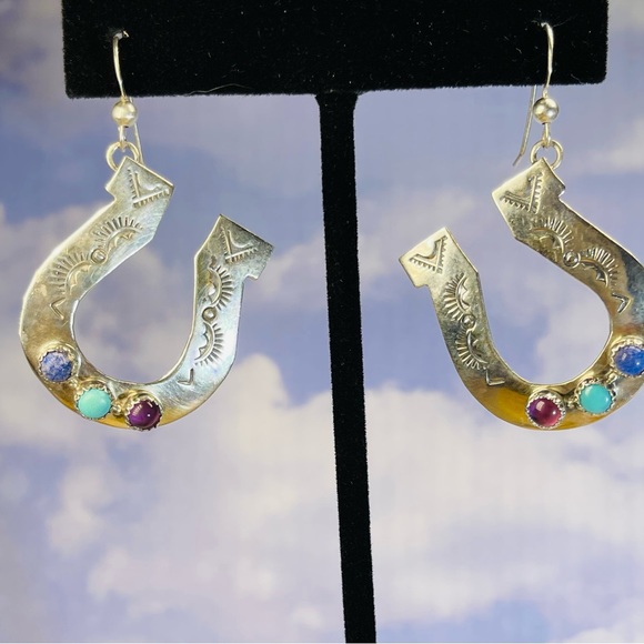 Sterling Horseshoe Earrings with Stones and Stampwork. Hallmarked.  Ships FREE - Picture 9 of 9